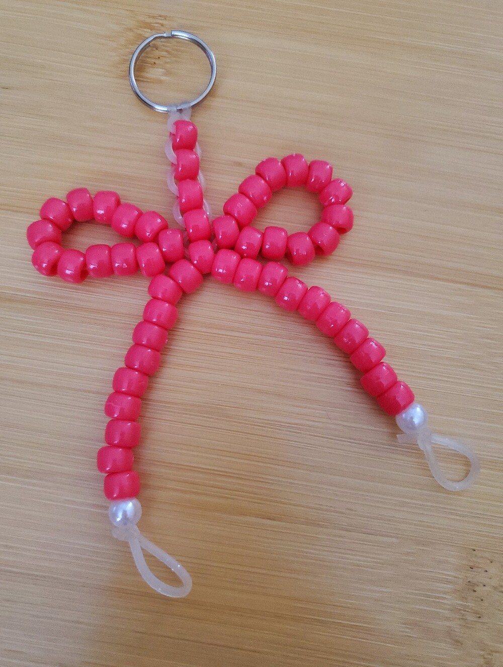 Handmade Pony Bead Pink Bow Keychain